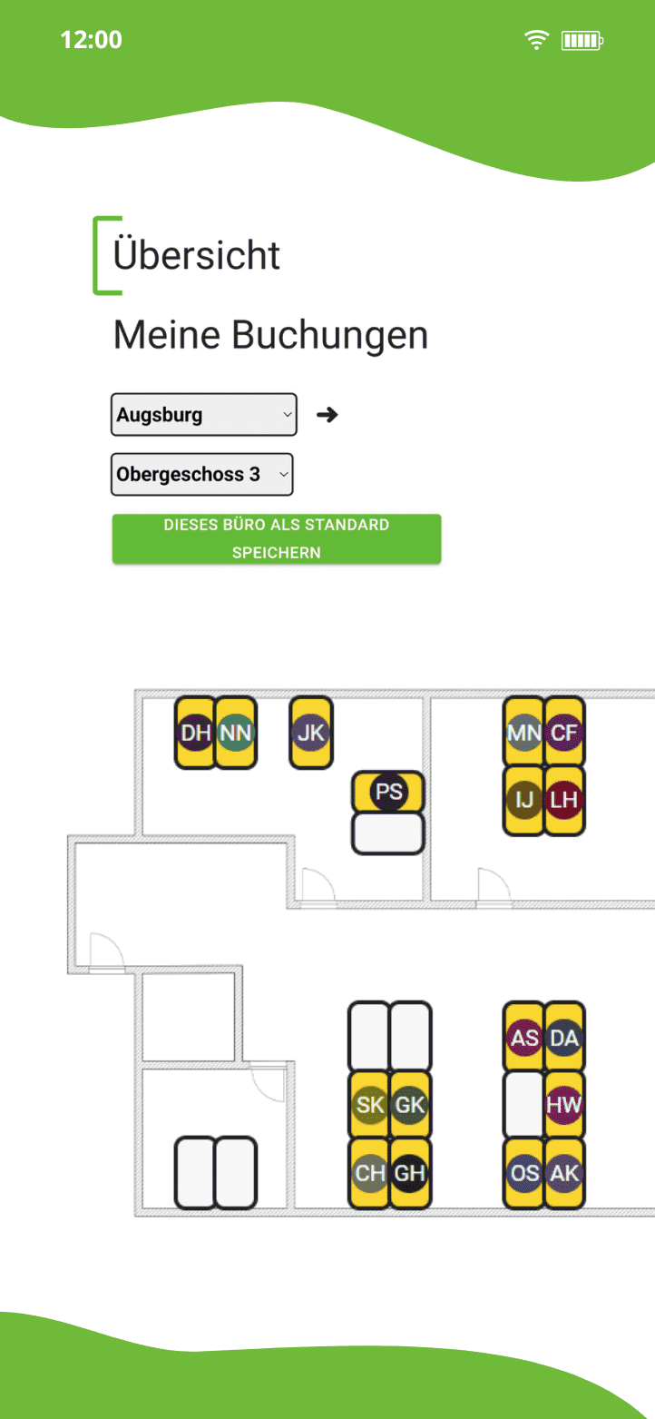 Übersichtliche Darstellung des Platzbuchungssystems deskdirect auf einem Bildschirm.