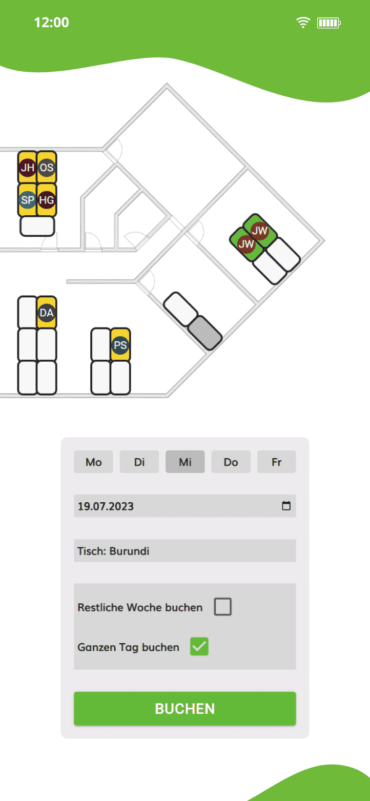 Detailansicht des Buchungsfensters in der Platzbuchungs-App von deskdirect.