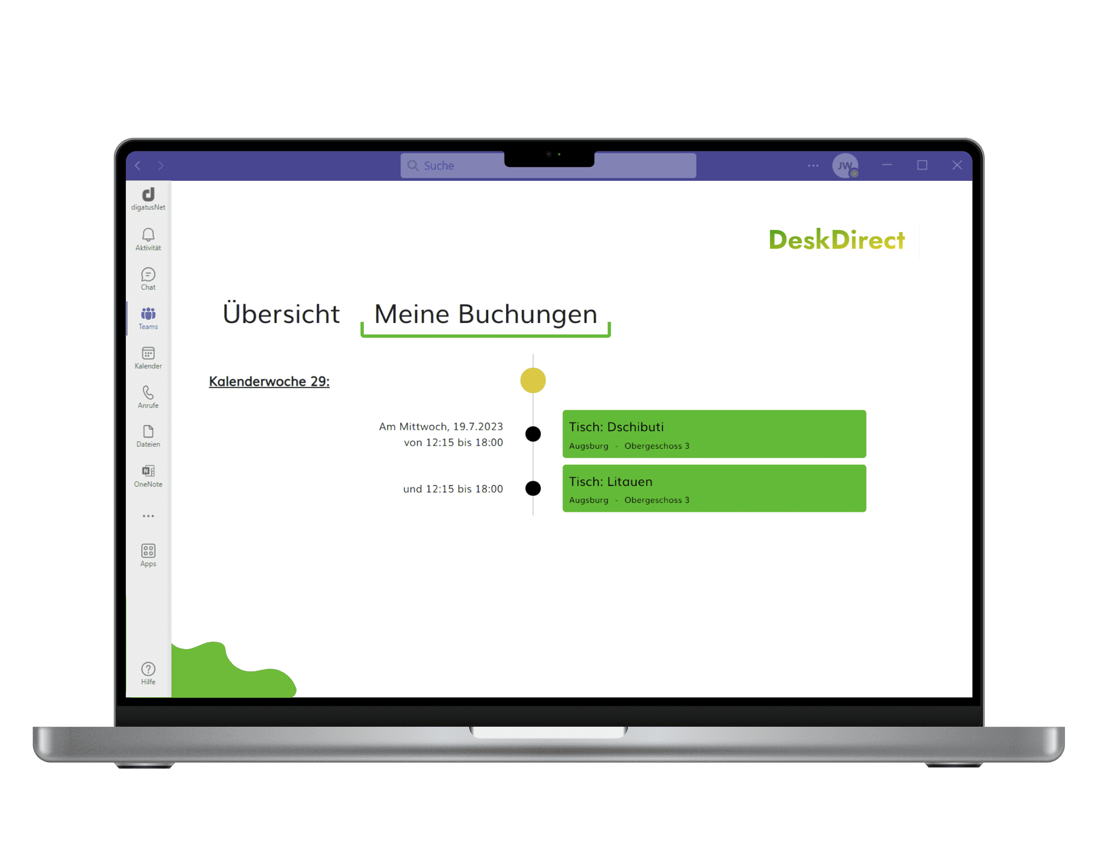 Laptop zeigt die 'Meine Buchungen'-Ansicht im Platzbuchungssystem deskdirect.